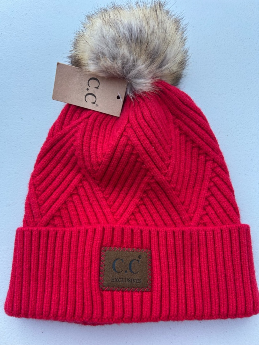 C.C Kids Bright Red Knit Beanie with Faux Fur Pom